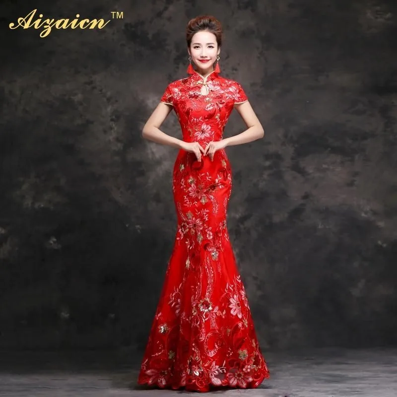 Red Lace Embroidery Cheongsam Bride Wedding Qipao Chinese Traditional Dress Oriental Style Evening Dresses Long Qi Pao Women
Red Lace Embroidery Cheongsam Bride Wedding Qipao Chinese Traditional Dress Oriental Style Evening Dresses Long Qi Pao Women