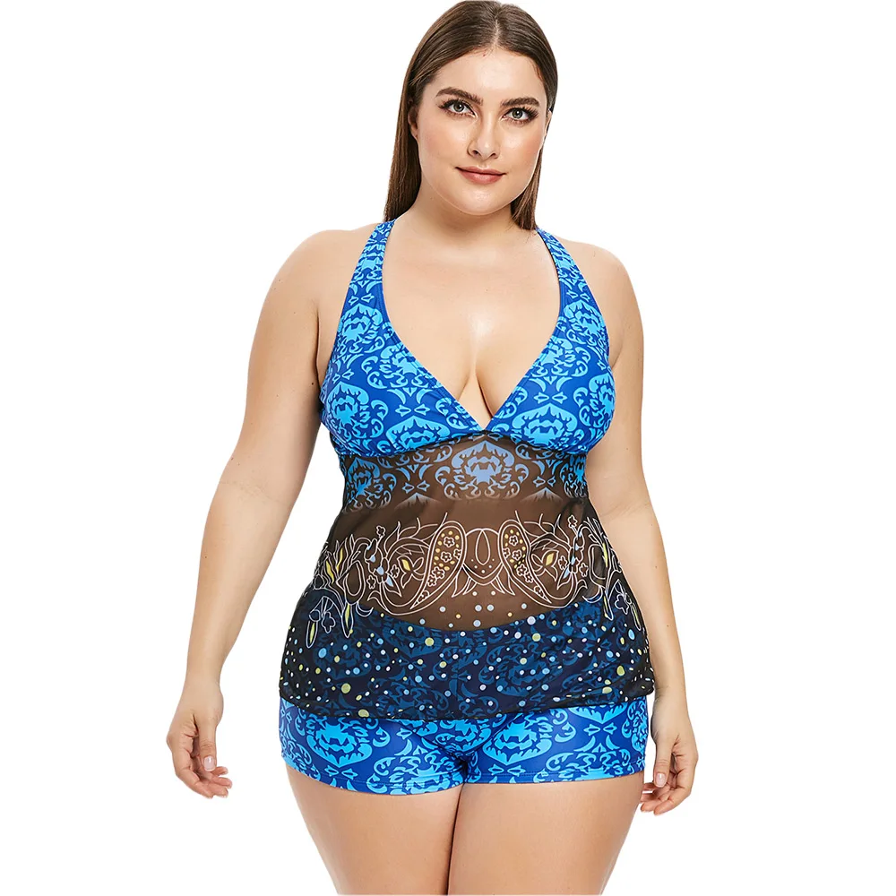 

Wipalo Women Plus Size 5XL Ethnic Print Criss Cross Swim Set Two Pieces Swim Wear Plunging Neck Casual Summer Bathing Suit 2019