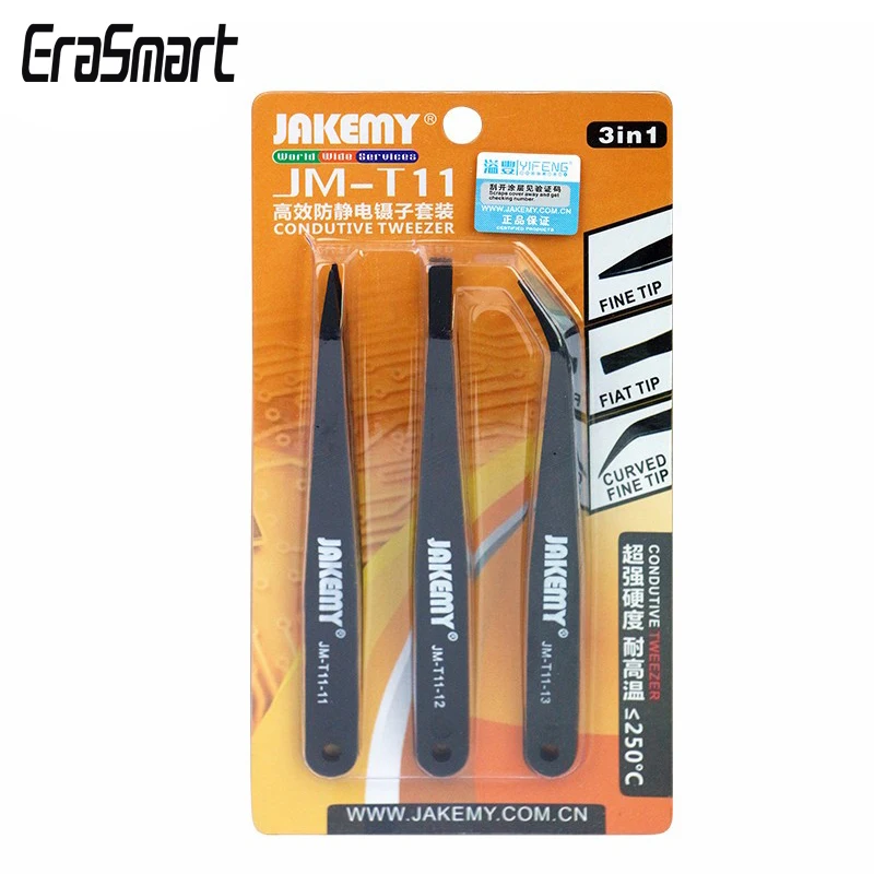 JAKEMY JM-T11 3in1 Anti-static Tweezers Kit Heat Resistant Flat Pointed Curved Tweezers Set for iPhone Samsung Laptop PCB Repair
JAKEMY JM-T11 3in1 Anti-static Tweezers Kit Heat Resistant Flat Pointed Curved Tweezers Set for iPhone Samsung Laptop PCB Repair