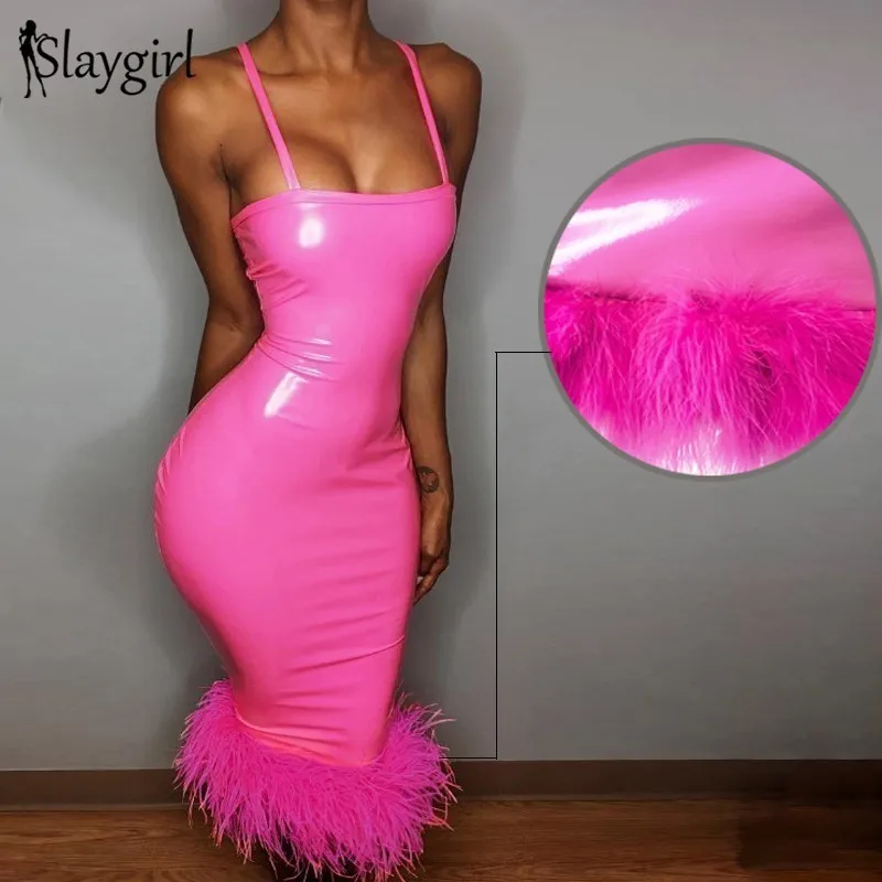 Slaygirl 2018 Feather Bodycon Dress Sexy Autumn Leather Women Dress Party Spaghetti Strap PU Pink Dress New Elegant Club Vestido
Slaygirl 2018 Feather Bodycon Dress Sexy Autumn Leather Women Dress Party Spaghetti Strap PU Pink Dress New Elegant Club Vestido