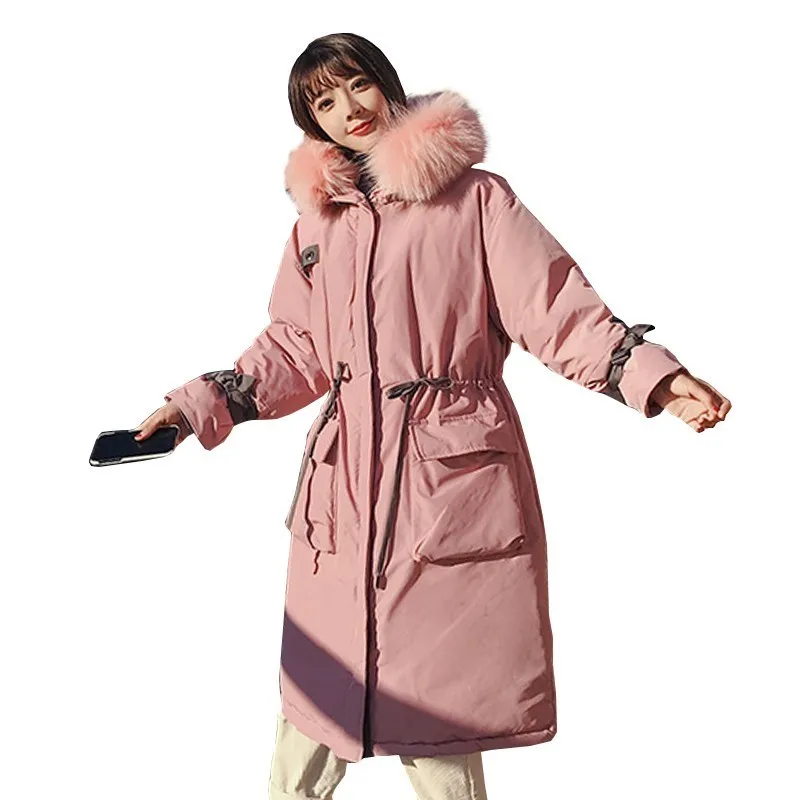 Фото Куртка женская розовая с капюшоном меховым воротником размера плюс пуха |