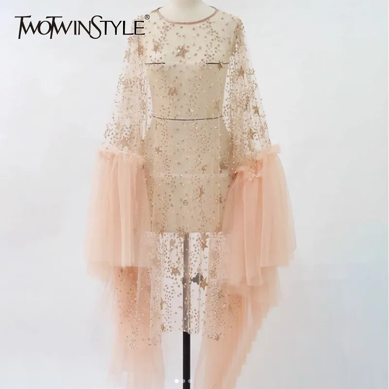 TWOTWINSTYLE Sequins Mesh Dress Women O Neck Irregular Flare Long Sleeve Perspective Sexy Dresses Female Spring Fashion 2019 New
TWOTWINSTYLE Sequins Mesh Dress Women O Neck Irregular Flare Long Sleeve Perspective Sexy Dresses Female Spring Fashion 2019 New