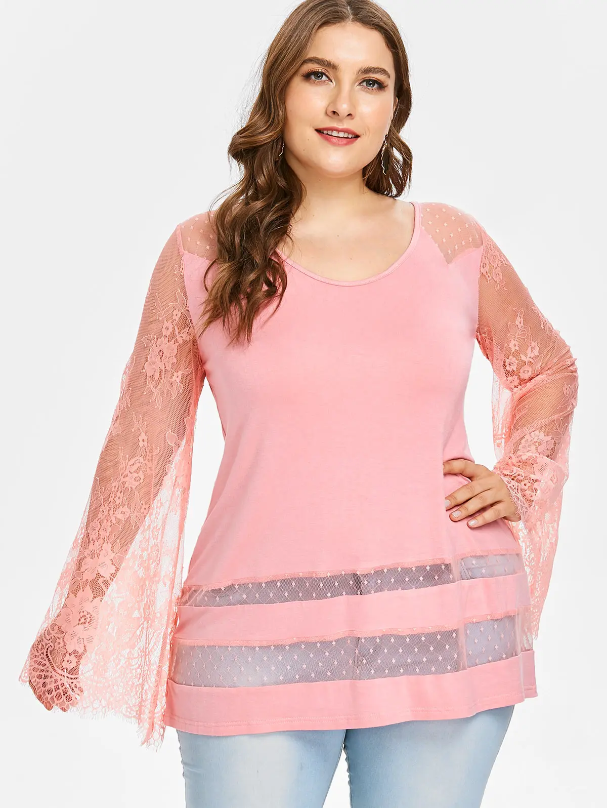 Wipalo Women Plus Size Floral Lace Panel T-shirt Sheer Flare Sleeve Patchwork Transparent Tee Top Casual Spring Blusas Top 5XL
Wipalo Women Plus Size Floral Lace Panel T-shirt Sheer Flare Sleeve Patchwork Transparent Tee Top Casual Spring Blusas Top 5XL