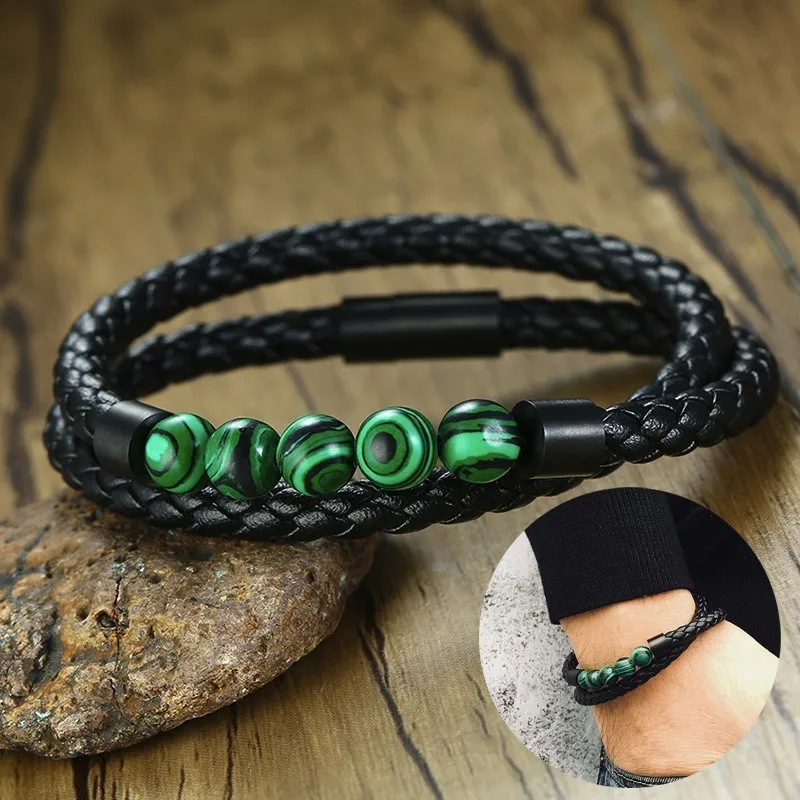 Men's Malachite Bead Black Leather Braided Double Wrap Bracelet with Magnet Buckle Bangle Brackelts Brazalet Male Jewelry 17in
Men's Malachite Bead Black Leather Braided Double Wrap Bracelet with Magnet Buckle Bangle Brackelts Brazalet Male Jewelry 17in