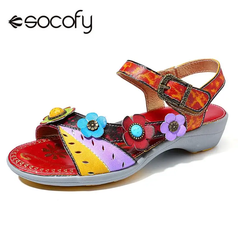 

SOCOFY Comfy Hand Painted Genuine Leather Floral Splicing Buckle Hook Loop Sandals Retro Summer Shoes New Ladies Shoes New