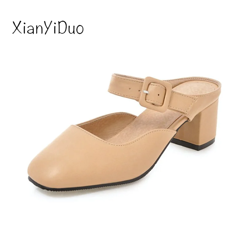 XianYiDuo/Новинка лета 2019 женская обувь шлепанцы на среднем каблуке большие размеры