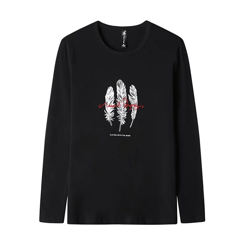 Pioneer camp long sleeve t shirt autumn men feather graphic print black casual men's stretch tshirt for teen ACT906140 | Мужская