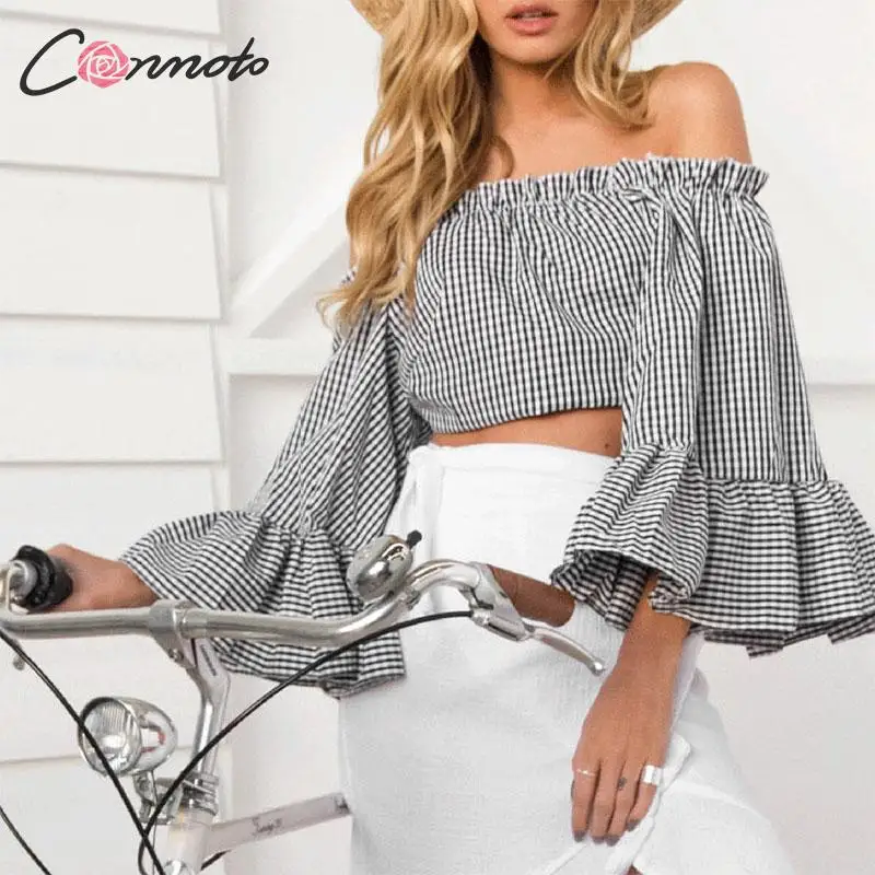 Conmoto Сексуальная блузка с открытыми плечами модная женская рубашка