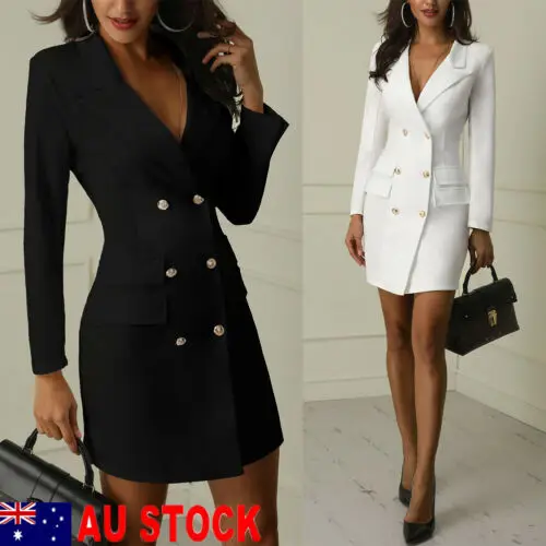 Women Elegant Blazer Dress Office Lady Double-breasted Long Sleeve Turned Down Collars Button Mini Dress AU
Women Elegant Blazer Dress Office Lady Double-breasted Long Sleeve Turned Down Collars Button Mini Dress AU