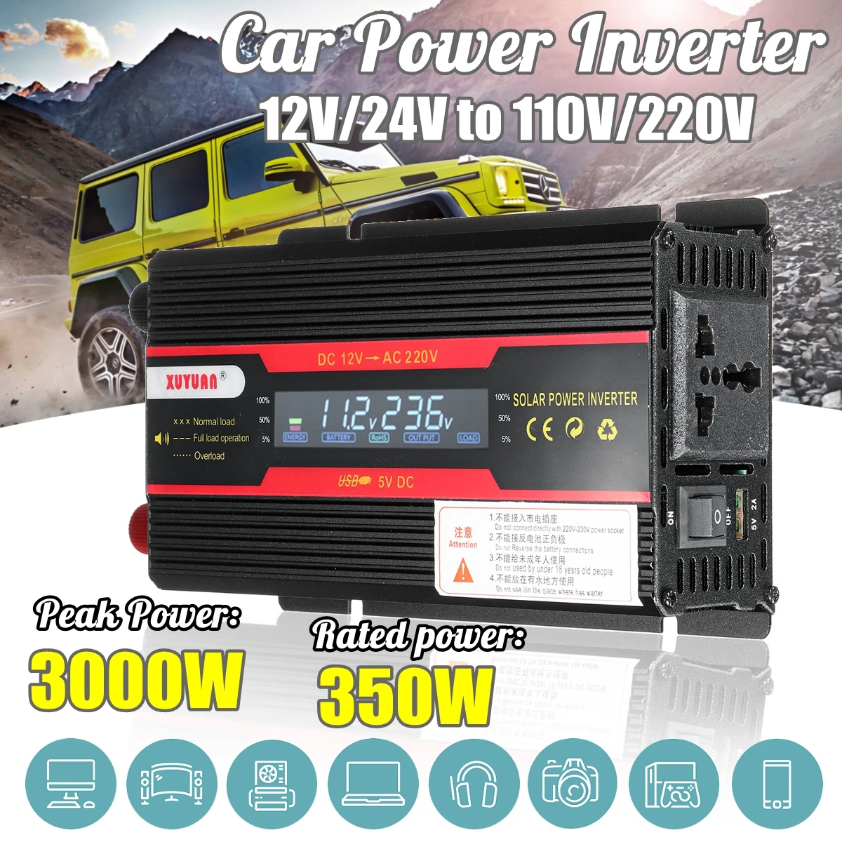 Car Inverter 12V 220V 3000W P eak Power Inverter Voltage Convertor Transformer DC 12V/24V To AC 220V/110V Solar Inversor 
Car Inverter 12V 220V 3000W P eak Power Inverter Voltage Convertor Transformer DC 12V/24V To AC 220V/110V Solar Inversor