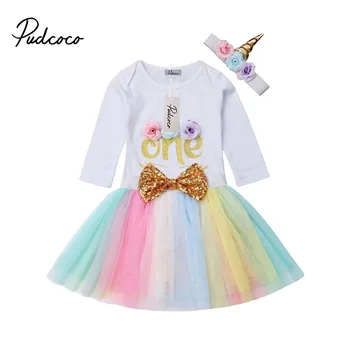 

Pudcoco Newborn Baby Girls 1st Birthday Clothes Set Unicorn Floral Romper Bodysuit Colorful Tutu Skirt Dress Handband Outfit Set