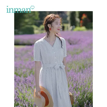 INMAN Summer Cotton V-neck Linen Blue-White Striped Literary Loose Medium Long Women Dress
INMAN Summer Cotton V-neck Linen Blue-White Striped Literary Loose Medium Long Women Dress