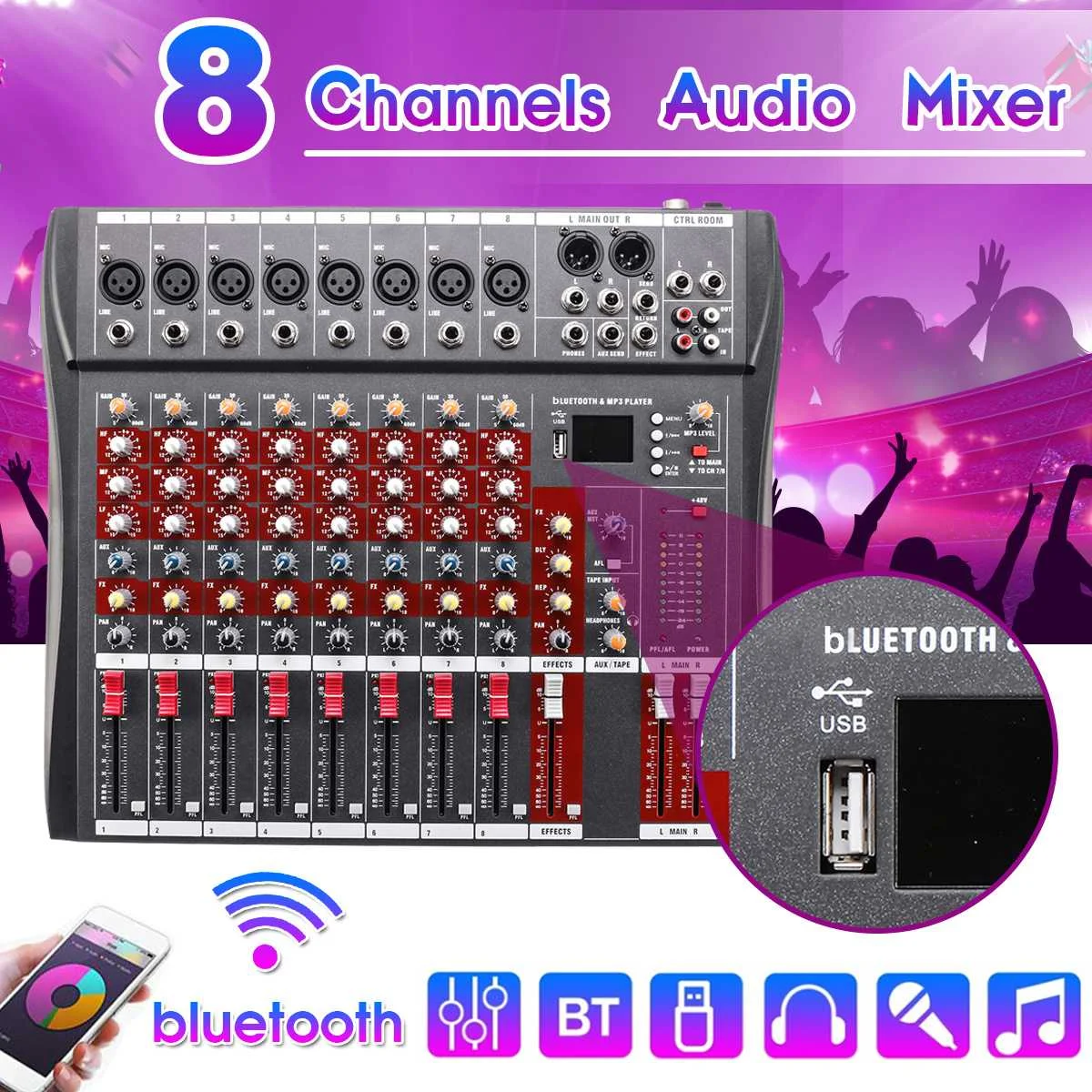 Professional 8 Channel Live DJ Audio Mixer with bluetooth USB Jack Sound Mixing Console Phantom Power for Karaoke KTV Music Show
Professional 8 Channel Live DJ Audio Mixer with bluetooth USB Jack Sound Mixing Console Phantom Power for Karaoke KTV Music Show