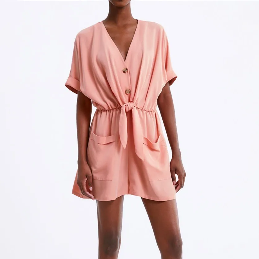 Original Brand Pink Summer Playsuit For Women V-neck Pocket Shirt Jumpsuit Rompers Bow Waist Solid Female Jumpsuits Outwear
Original Brand Pink Summer Playsuit For Women V-neck Pocket Shirt Jumpsuit Rompers Bow Waist Solid Female Jumpsuits Outwear