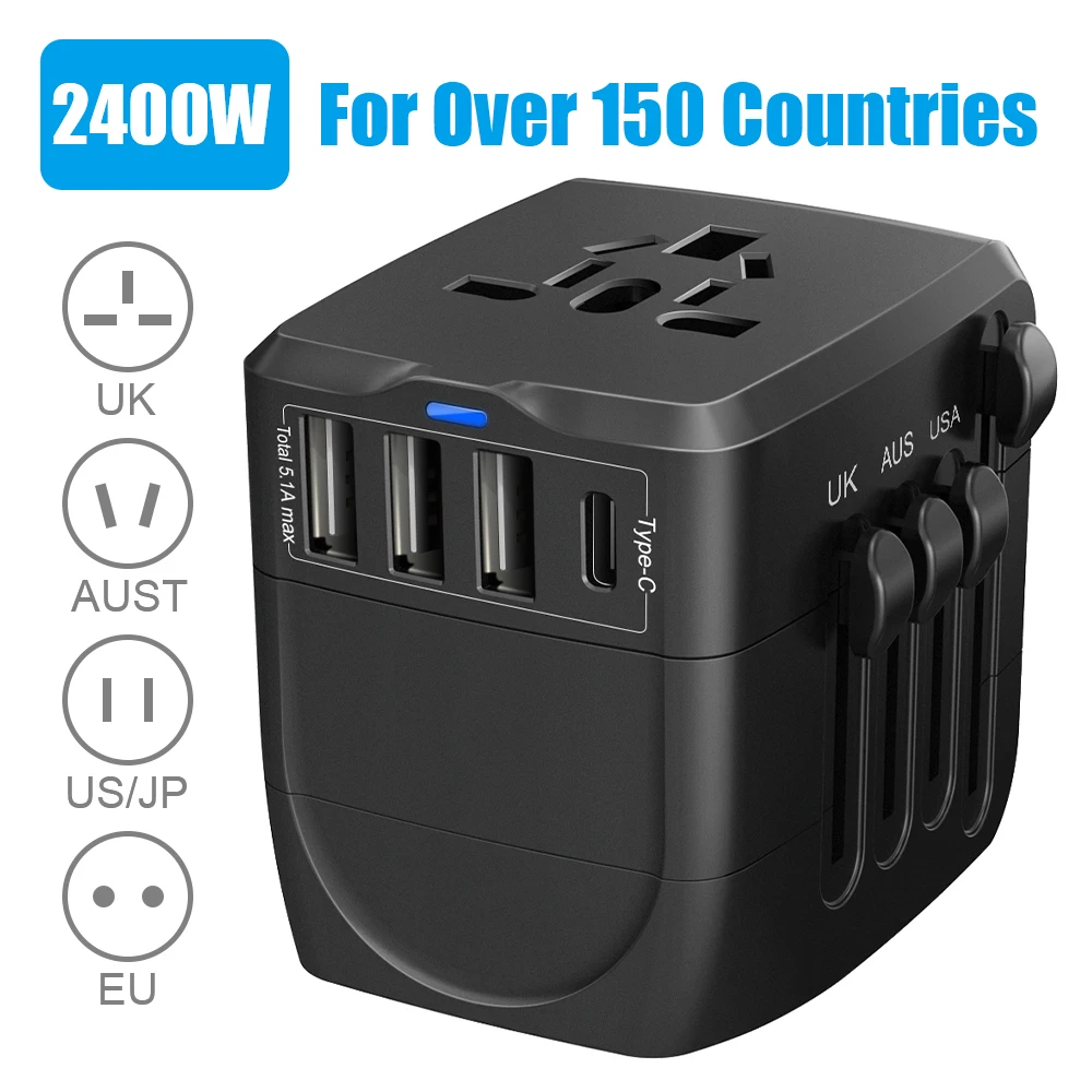 

Highever 2400W international travel power universal adapter 5A converter Plug with 3 USB port & type-c for UK/EU/AU/US worldwide