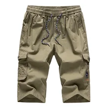 Calças curtas de carga cáqui longo dos homens três quartos calças capri algodão bermuda masculino bolso reto 2019 quente shorts casuais(China)
