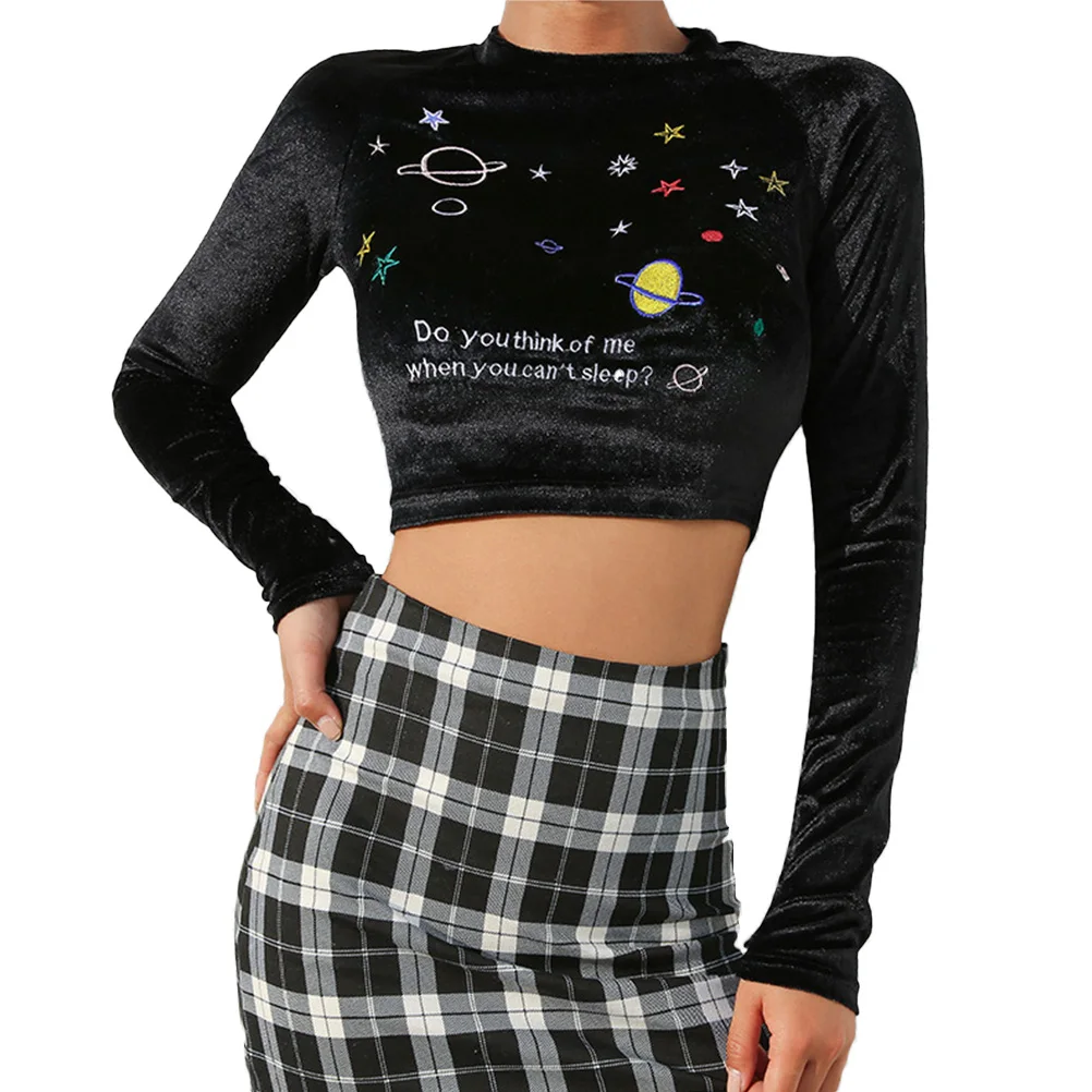 Women'S Tee Long Sleeve Black Velvet Star Letter Embroidery Basic Short Top 2019 Spring
Women'S Tee Long Sleeve Black Velvet Star Letter Embroidery Basic Short Top 2019 Spring