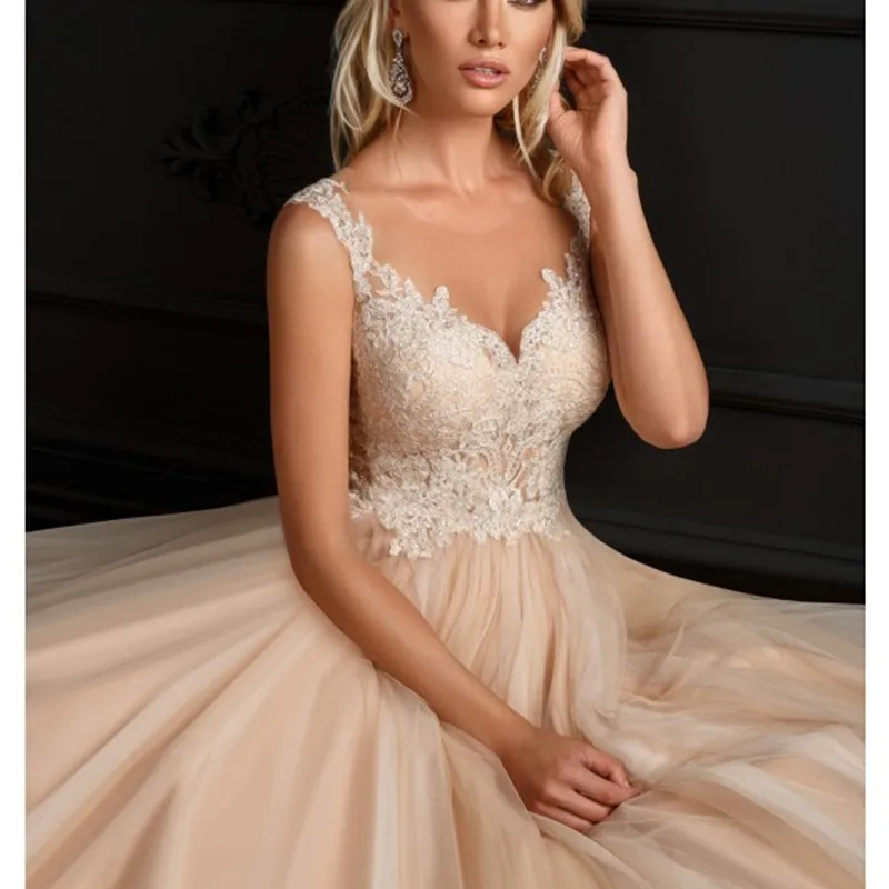 Eightale Champagne Wedding Dress O Neck Appliques Tulle Bride Dress Lace Sheer Romatic Wedding Gowns vestidos de novia 2019
Eightale Champagne Wedding Dress O Neck Appliques Tulle Bride Dress Lace Sheer Romatic Wedding Gowns vestidos de novia 2019