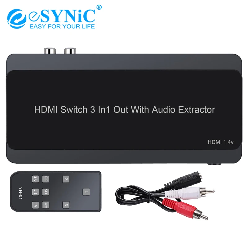 Esynic 4K 3x1 HDMI Switch with Audio Extractor Converter Optical Toslink SPDIF RCA L/R Audio Output Support 4K 3D 1080P PIP
Esynic 4K 3x1 HDMI Switch with Audio Extractor Converter Optical Toslink SPDIF RCA L/R Audio Output Support 4K 3D 1080P PIP
