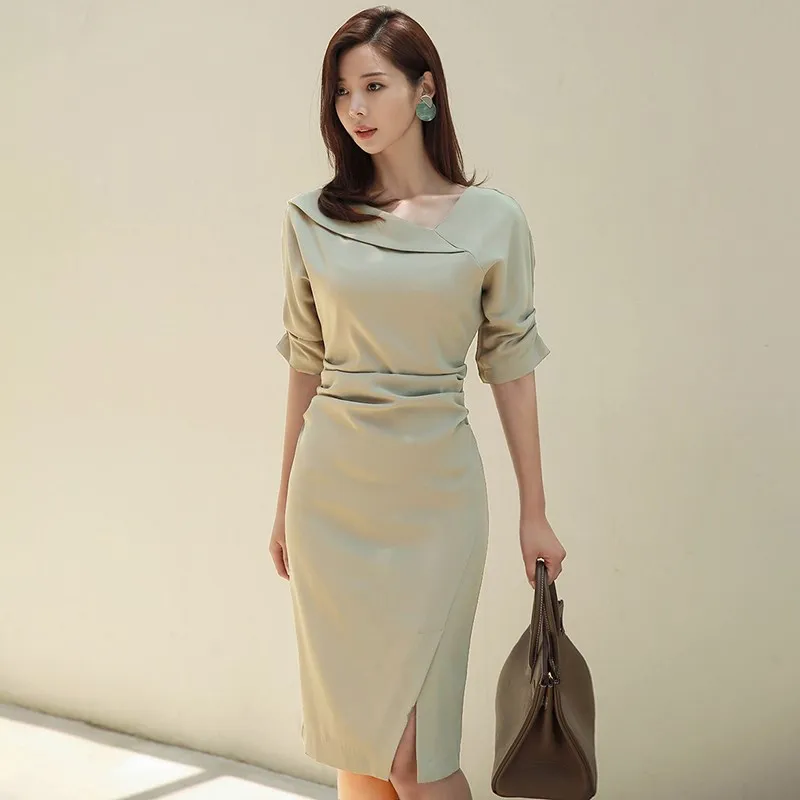 Women Elegant Short Sleeve Dress Female Office Ladies Split Pencil Dress Sashes Work Business Solid Midi Dress
Women Elegant Short Sleeve Dress Female Office Ladies Split Pencil Dress Sashes Work Business Solid Midi Dress