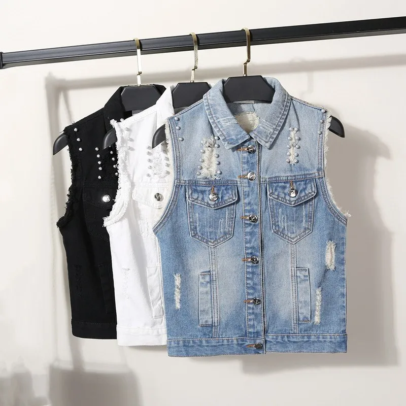 Spring Autumn Slim Pearls Short Jeans Vest Female White/Black/Blue Sleeveless Jacket Casual Women Hole Beading Denim Waistcoat
Spring Autumn Slim Pearls Short Jeans Vest Female White/Black/Blue Sleeveless Jacket Casual Women Hole Beading Denim Waistcoat