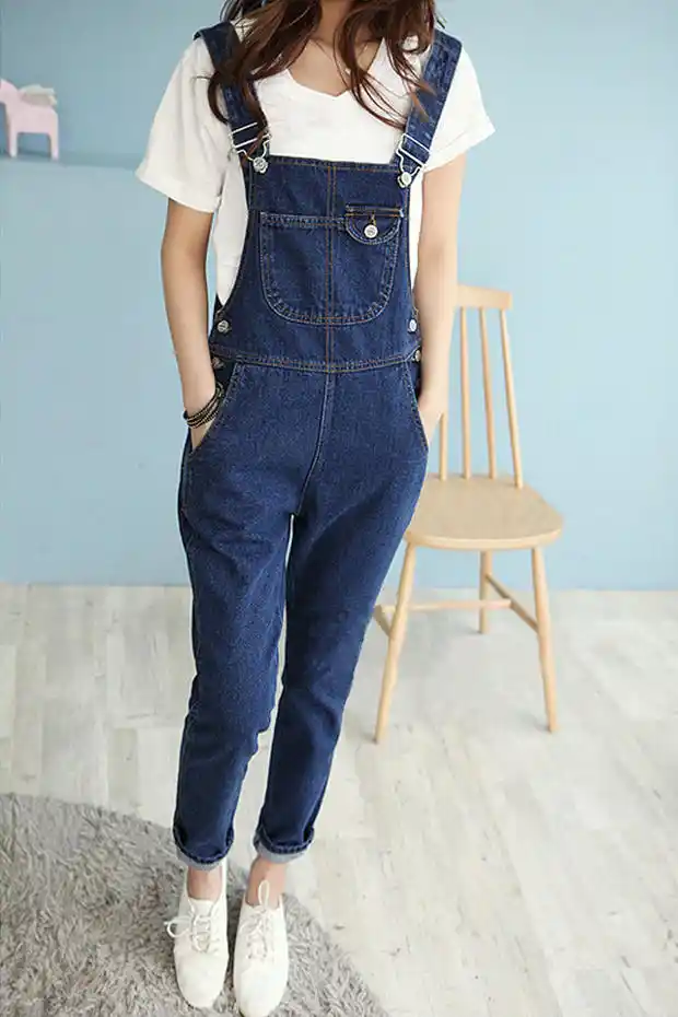 Autumn Women Solid Denim Jumpsuit 