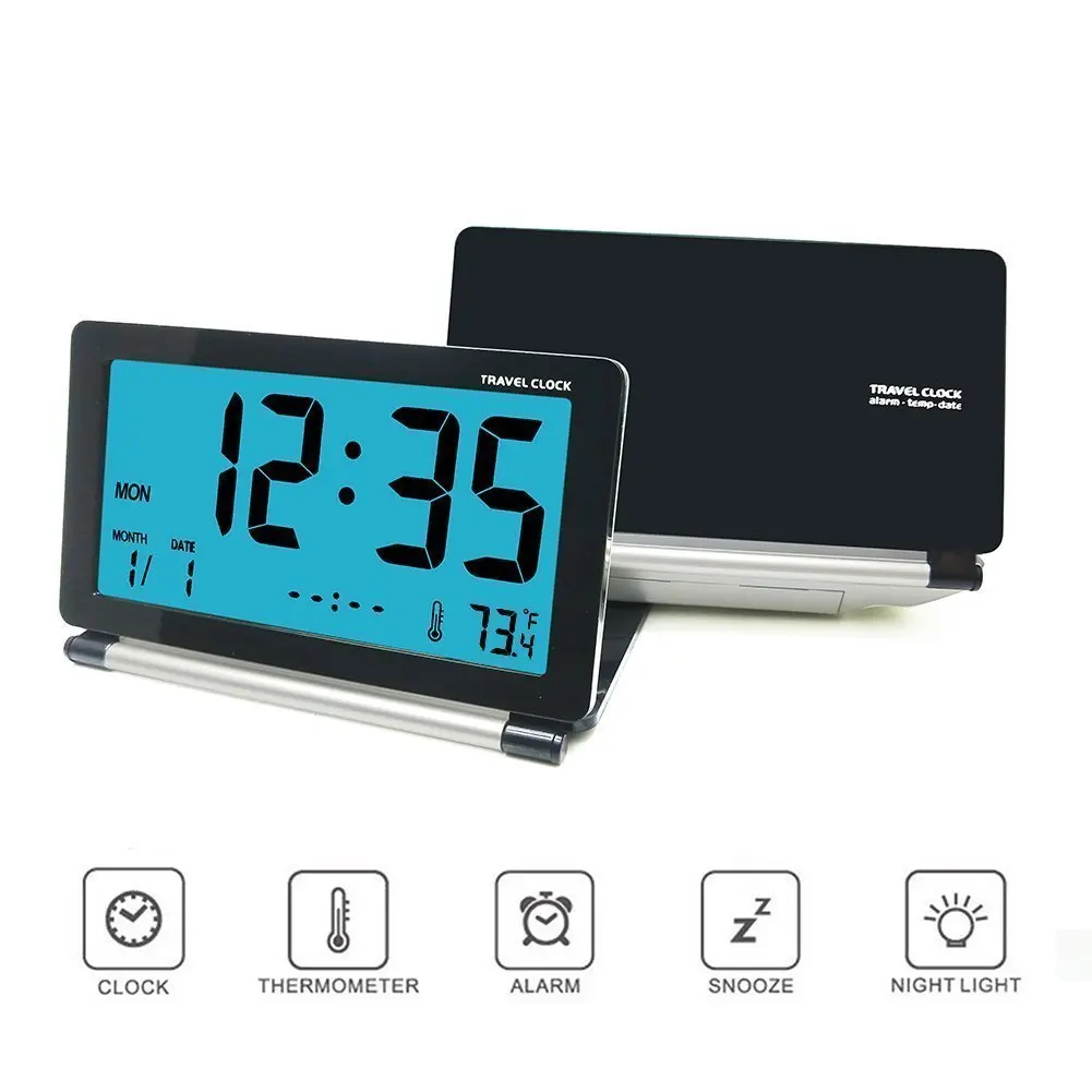 Slim Clamshell Digital LCD Travel Alarm Clock Mini Snooze Function Folding Electronic Alarm with Blue Backlight Black 
Slim Clamshell Digital LCD Travel Alarm Clock Mini Snooze Function Folding Electronic Alarm with Blue Backlight Black