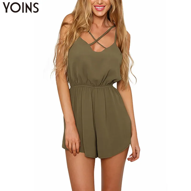 

YOINS Women Army Green Spaghetti Strap Jumpsuit Sexy Criss Front 2019 Summer Playsuit Swing Sleeveless Rompers Short Bodysuits