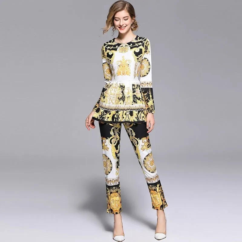 2019 Fashion Runway Pants Suit Sets Women's full Sleeve Print Blouses and Casual Pants Two Pieces Set ensemble femme
2019 Fashion Runway Pants Suit Sets Women's full Sleeve Print Blouses and Casual Pants Two Pieces Set ensemble femme