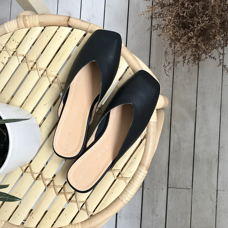 

Women Loafer Mules Low Heels Square Toe Soft Leather Slip Ons Slides Summer Slippers