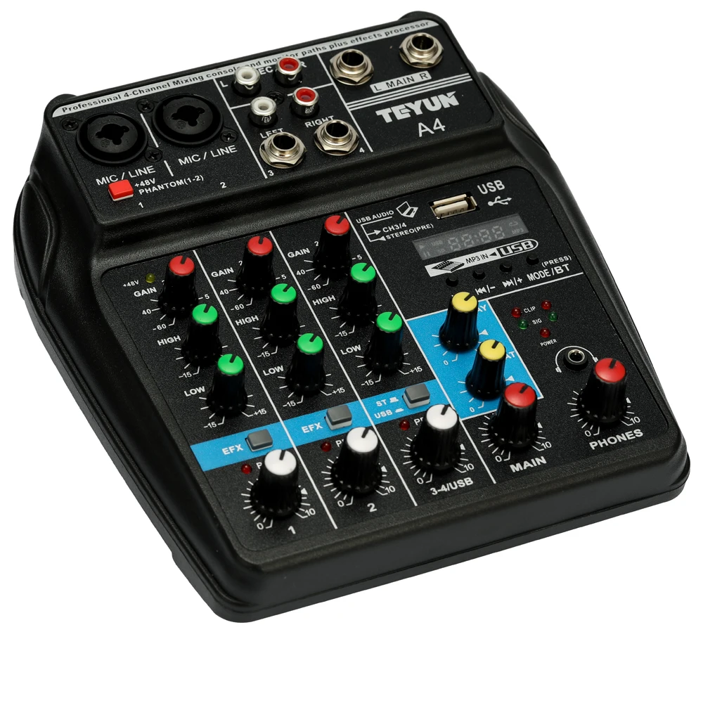 

TU04 BT Sound Mixing Console Record 48V Phantom Power Monitor AUX Paths Plus Effects 4 Channels Audio Mixer with USB