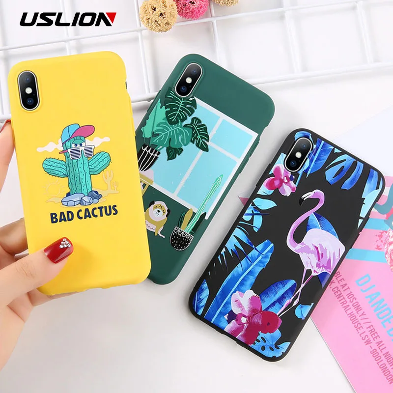 USLION Cartoon Cactus Animal Pattern Phone Case For iPhone X XS XR Xs Max Cases 6 6s 7 8 Plus Soft TPU Letter Cover |