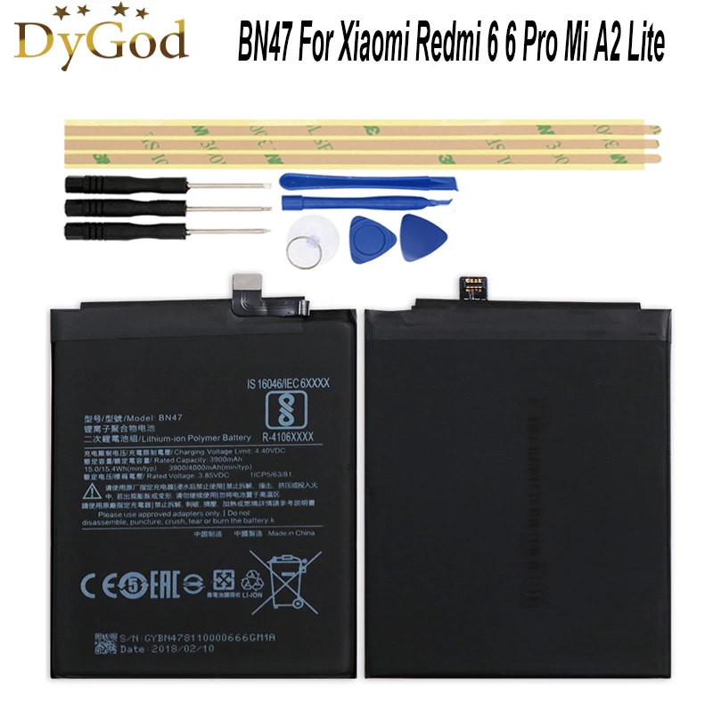 DyGod 3900/4000mAh BN47 Battery for Xiaomi Redmi 6 6 Pro Mi A2 Lite High Quality mobile phone Battery+Tools
DyGod 3900/4000mAh BN47 Battery for Xiaomi Redmi 6 6 Pro Mi A2 Lite High Quality mobile phone Battery+Tools