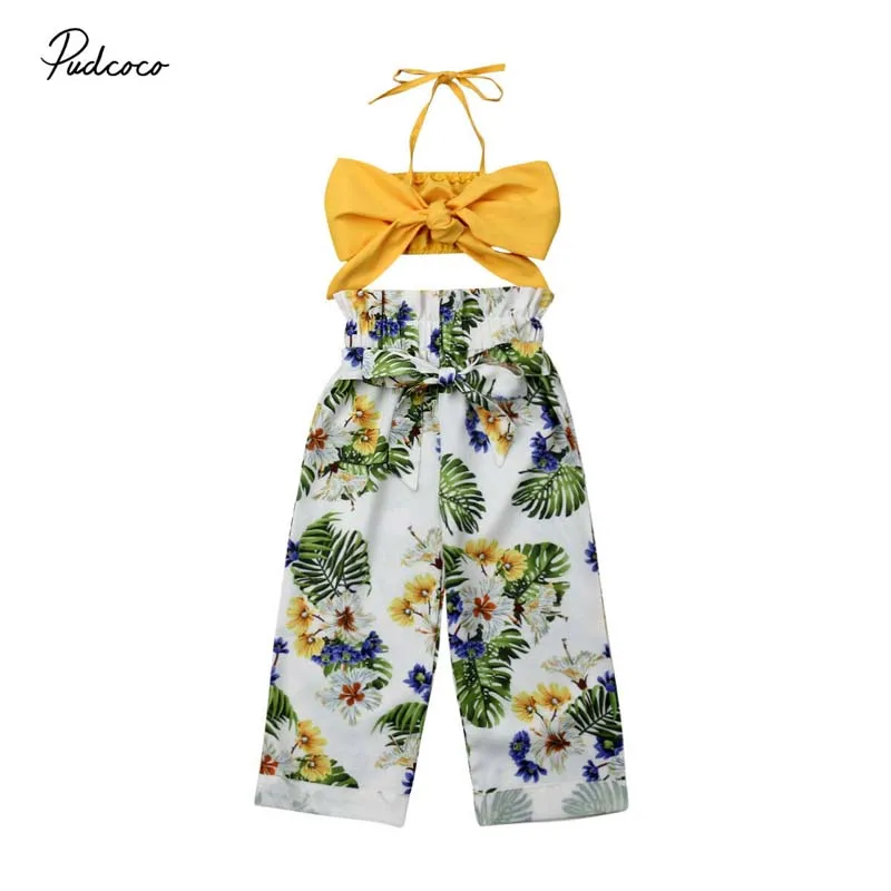 2019 Brand Kids Baby Girl Clothes Sets Summer 1-5Y Boho Sleeveless Halter Bow Crop Tops+Floral Wide Leg Pants 2Pcs Outfit |