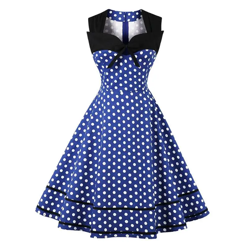 

Summer Dress Women Plus Size Retro Hepburn Style Classic Dots Print Color-blocking Piecing Slim Mid Waist Vintage Dress Women