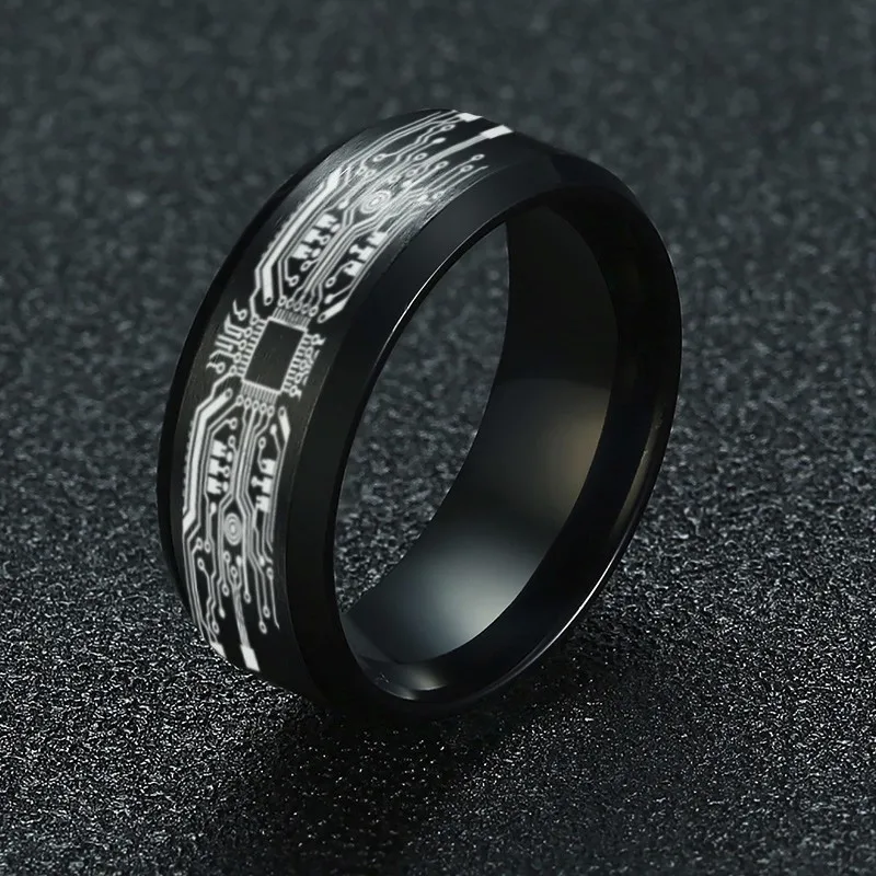 8mm Black Wedding Band Brushed Finish Circuit Board Pattern Laser Engraved Stainless Steel Ring for Men
8mm Black Wedding Band Brushed Finish Circuit Board Pattern Laser Engraved Stainless Steel Ring for Men