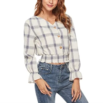 Women V Neck Plaid Girly Crop Tops Summer Flare Sleeve Stylish Blouse Fashion Single Breasted Shirt
Women V Neck Plaid Girly Crop Tops Summer Flare Sleeve Stylish Blouse Fashion Single Breasted Shirt