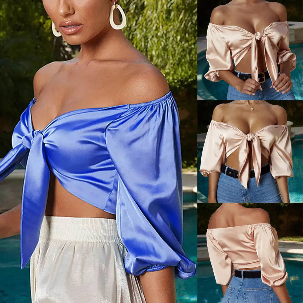 Off Shoulder Womens Tops and Blouses Summer 2019 Backless Sexy Slash Neck Shirts Female Vintage Elastic Bow Satin Blouse blusas
Off Shoulder Womens Tops and Blouses Summer 2019 Backless Sexy Slash Neck Shirts Female Vintage Elastic Bow Satin Blouse blusas