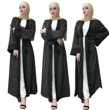 

Newest 2019 Women Striped Abaya Dubai Muslim Plus Size Islamic Tunic Arab Clothes Pagoda Sleeve Open Cardigan Abayas Maxi Dress