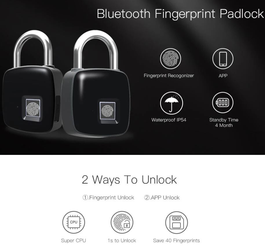 Smart Keyless Bluetooth Fingerprint Lock,multifunction APP padlock,USB charge Waterproof security Electric Lock for luggage door
Smart Keyless Bluetooth Fingerprint Lock,multifunction APP padlock,USB charge Waterproof security Electric Lock for luggage door