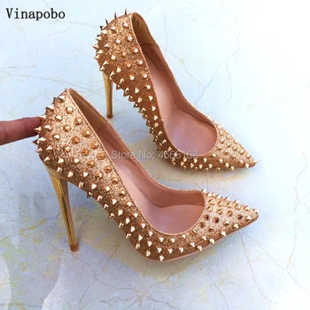 Vinapobo GOLD Rivets Spikes Pointed toe Stiletto High Heels Sexy Leather Dress Pumps Women Sequined Wedding Shoes 12cm Heels
Vinapobo GOLD Rivets Spikes Pointed toe Stiletto High Heels Sexy Leather Dress Pumps Women Sequined Wedding Shoes 12cm Heels