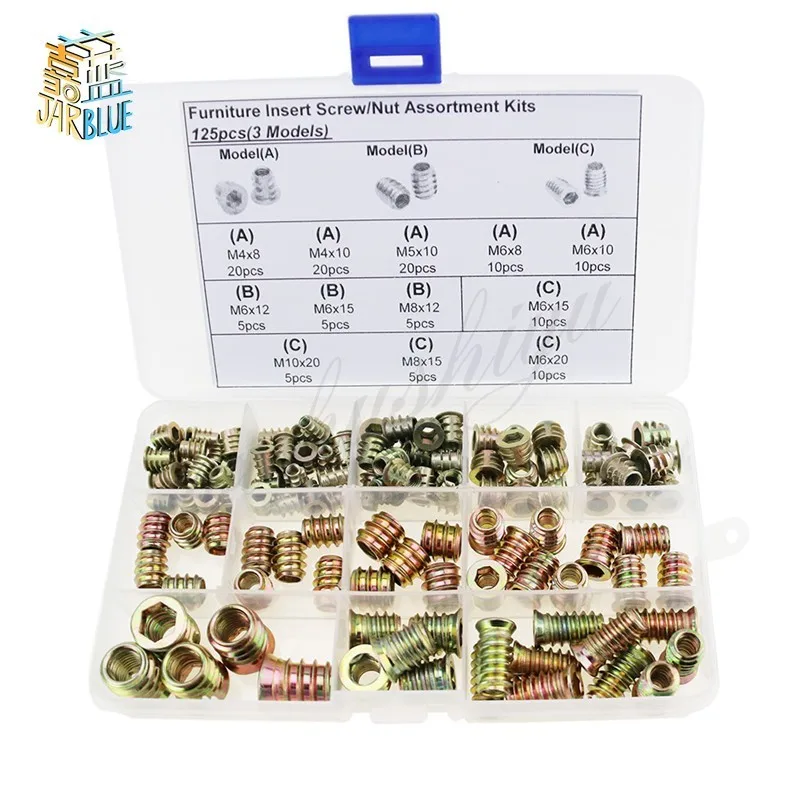 

125pcs Zinc Alloy Furniture Wood Hex Socket Drive Threaded Insert Nut Assortment Kits M4 M5 M6 M8 M10