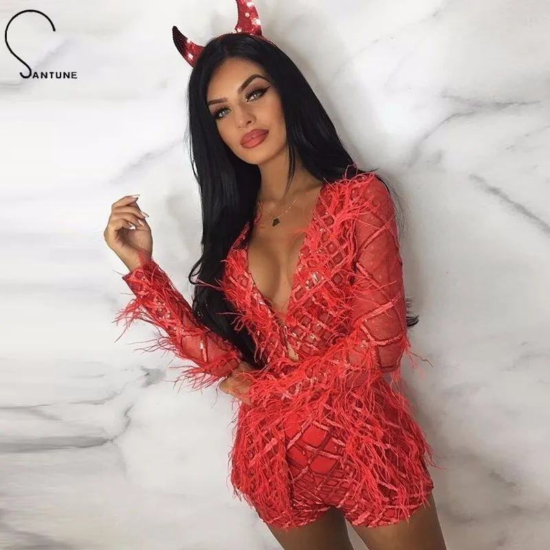 Santune Sexy Feathers Rompers Womens Jumpsuit Clubwear Long Sleeve Deep V Neck 3 Color Playsuit Sequin Jumpsuits Women 2019
Santune Sexy Feathers Rompers Womens Jumpsuit Clubwear Long Sleeve Deep V Neck 3 Color Playsuit Sequin Jumpsuits Women 2019
