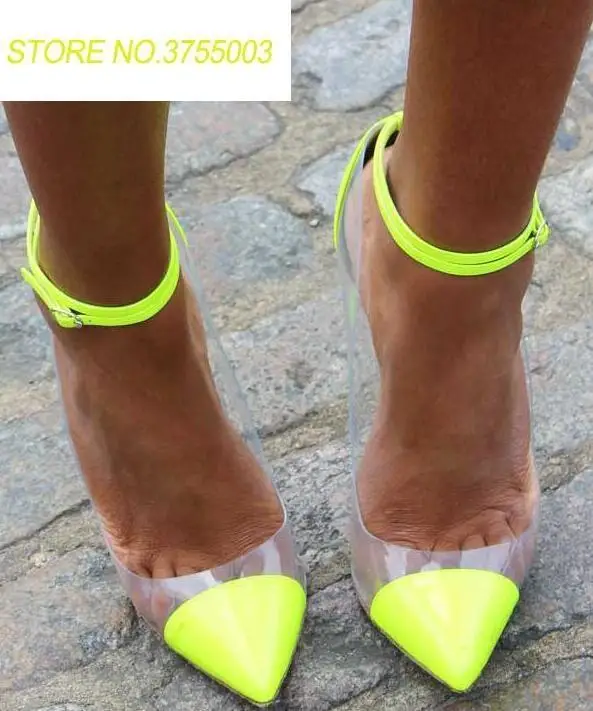 

2018 Ladies Fashion Neon High Heel Transparent PVC Patchwork Women Ankle Buckles Pumps Sexy Party Shoes Female Spring Dress Shoe