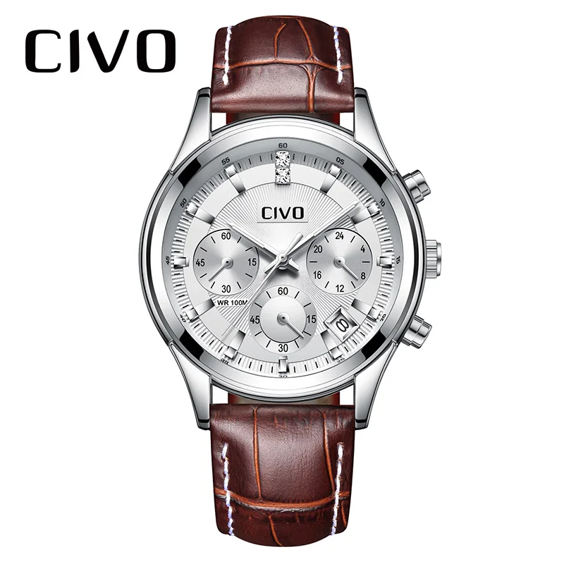 Фото CIVO модные повседневные спортивные часы коричневые наручные с ремешком из