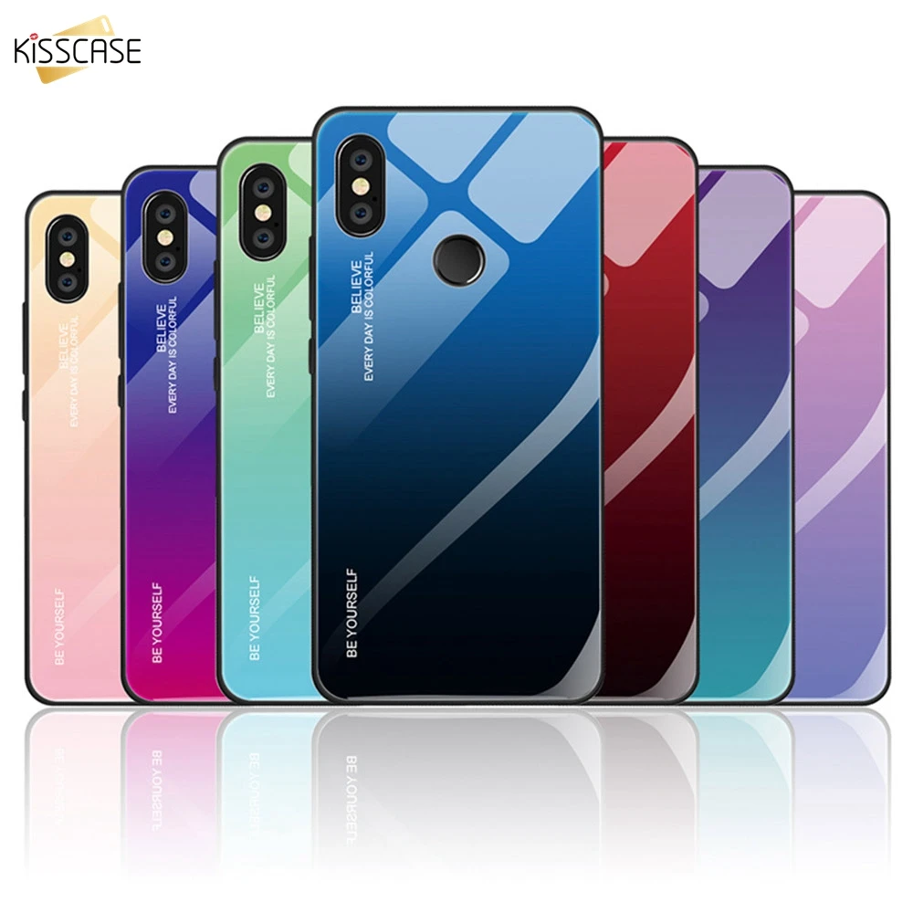 KISSCASE Tempered Glass Case For Xiaomi Mi 8 A2 Lite 9 SE Max 3 Redmi Note 7 6 Pro 5 Plus Pocophone F1 Gradient Colorful Cover |