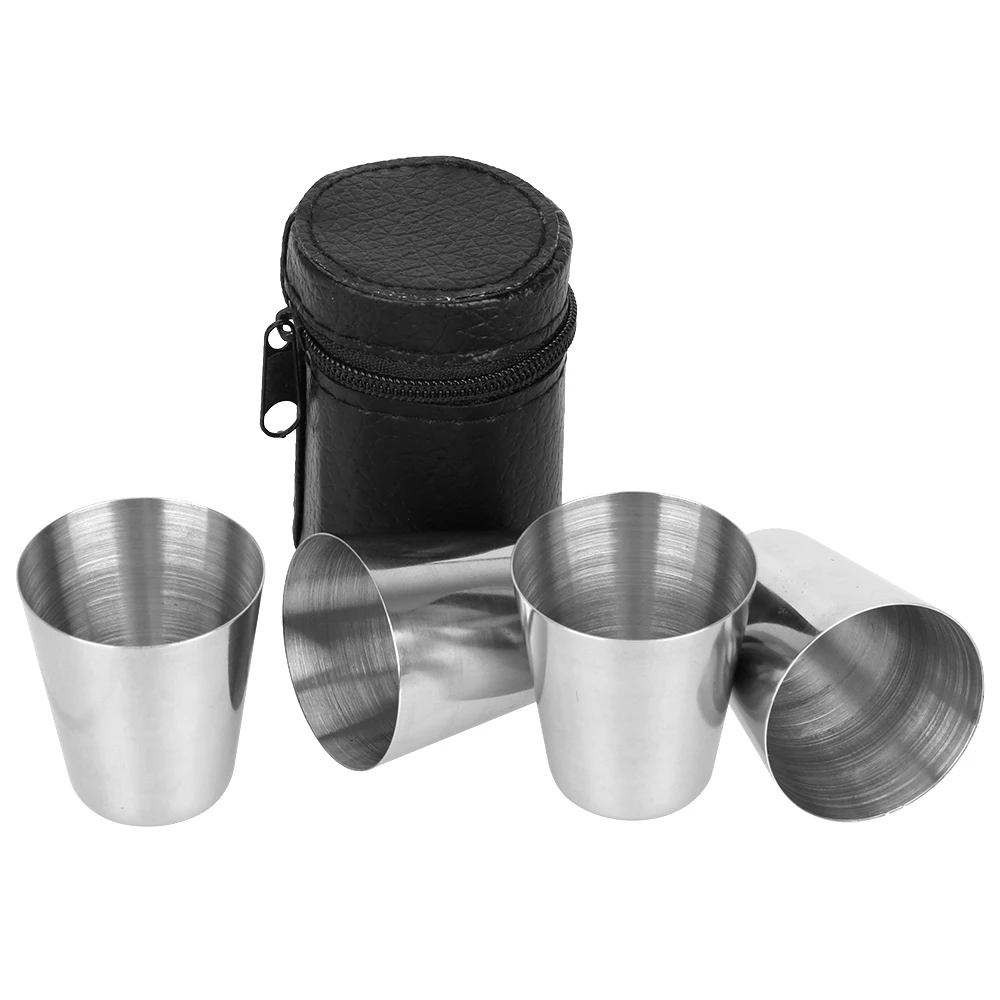 

4pcs/set 1 Ounce Cup Wine Glass 30ml Drinking Cup Gift Zipper Cover Stainless Steel Polished Barware