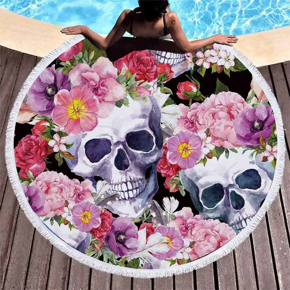 

3D Sugar Skull Round Beach Towel For Adults Rose Flowers Microfiber Bath Towels Outdoor Portable Tapestry Blanket Beachmat