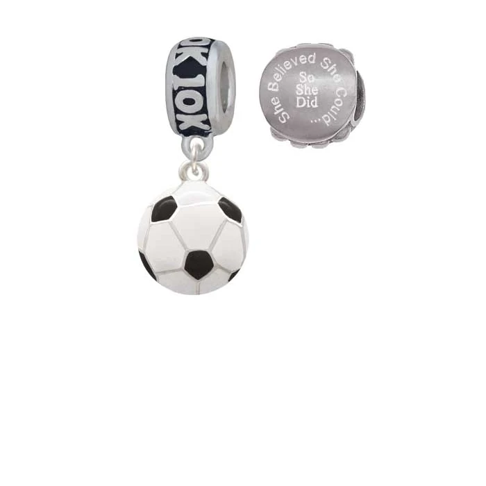 Silvertone Large Enamel Soccer ball 10K Run She Believed Could Charm Beads (Set of 2) |