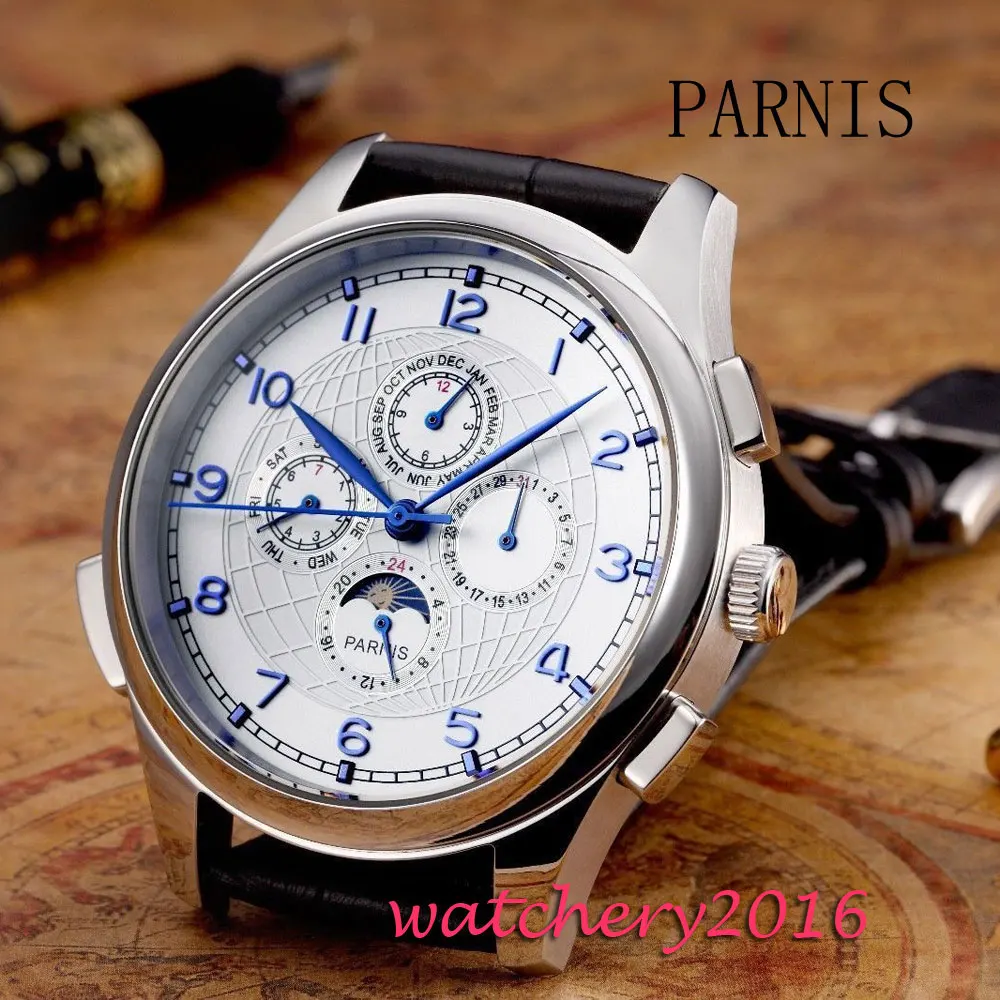 Moon phase Parnis 44mm Date Day White Dial Blue Markers Stainless steel case Automatic Movement Men's Mechanical Wristwatches
Moon phase Parnis 44mm Date Day White Dial Blue Markers Stainless steel case Automatic Movement Men's Mechanical Wristwatches